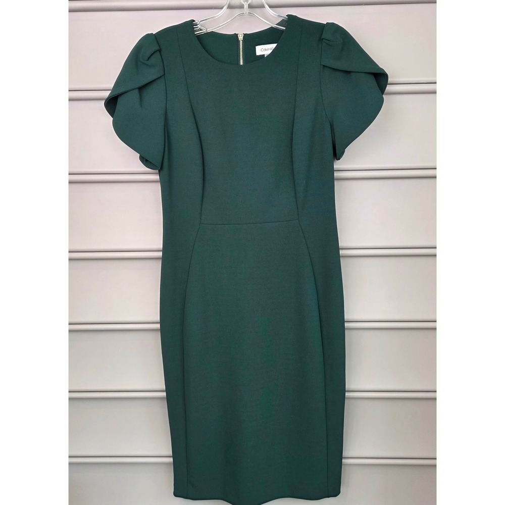 Calvin Klein Green Tulip Sleeve‎ Sheath Dress Size 6 Gold Zip Office Career Wear